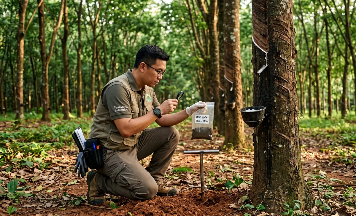 Photorealistic image of a Terravance field agronomist inspecting soil quality beside rows of mature rubber trees on a Malaysian rubber estate, holding a soil sample with tapping panels visible on the trunks