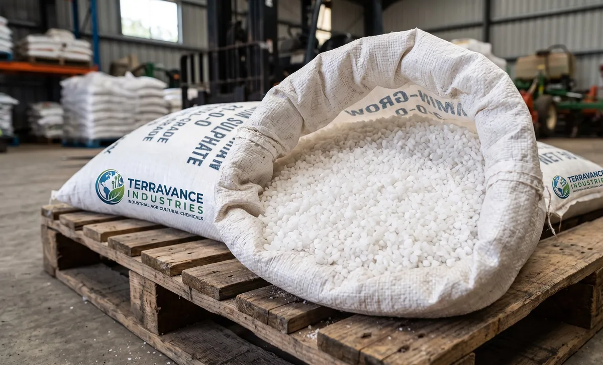 Photorealistic shot of pure white Ammonium Sulphate granules — clean, free-flowing white crystalline granules in close-up, shown alongside professional Terravance product packaging