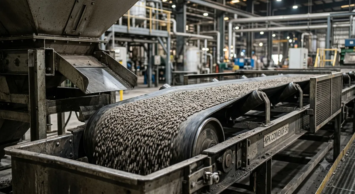Photorealistic close-up of heavy industrial machinery and conveyor belts actively processing bulk NPK compound fertilizer granules