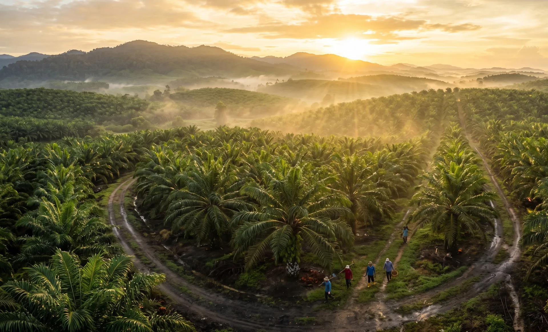 Photorealistic wide shot of a thriving Malaysian palm oil plantation at sunrise, with golden morning light streaming through rows of mature oil palms and mist rising over the estate