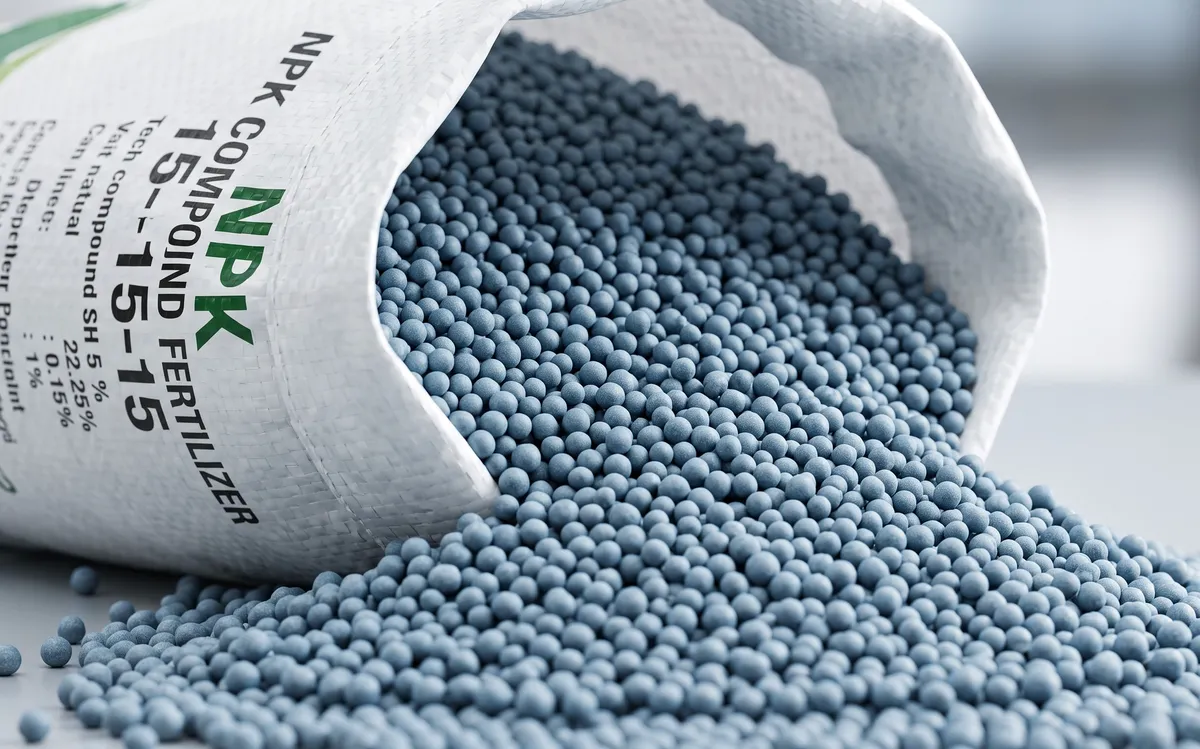 Photorealistic macro shot of NPK compound fertilizer granules in professional Terravance packaging — uniform blue-grey prilled granules spilling from a branded woven sack, showing crisp granule texture and consistent sizing