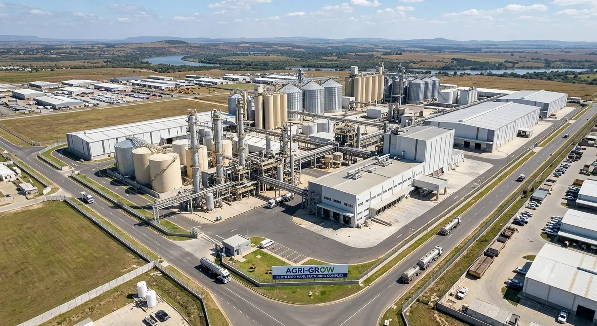 Photorealistic exterior view of a large-scale fertilizer manufacturing plant with towering storage silos and industrial infrastructure under a clear blue sky