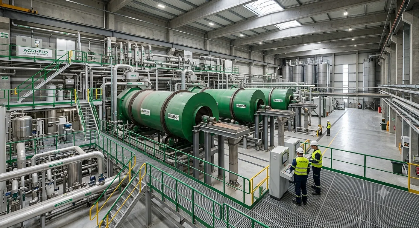 Photorealistic wide shot of a modern, highly automated fertilizer production line inside a massive industrial facility, showing massive rotary drums and pristine manufacturing conditions