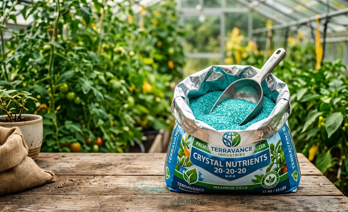 Photorealistic image of crystalline water-soluble fertilizer powder — fine, bright crystalline granules photographed in sharp macro detail against Terravance professional packaging, dissolving-ready for fertigation systems